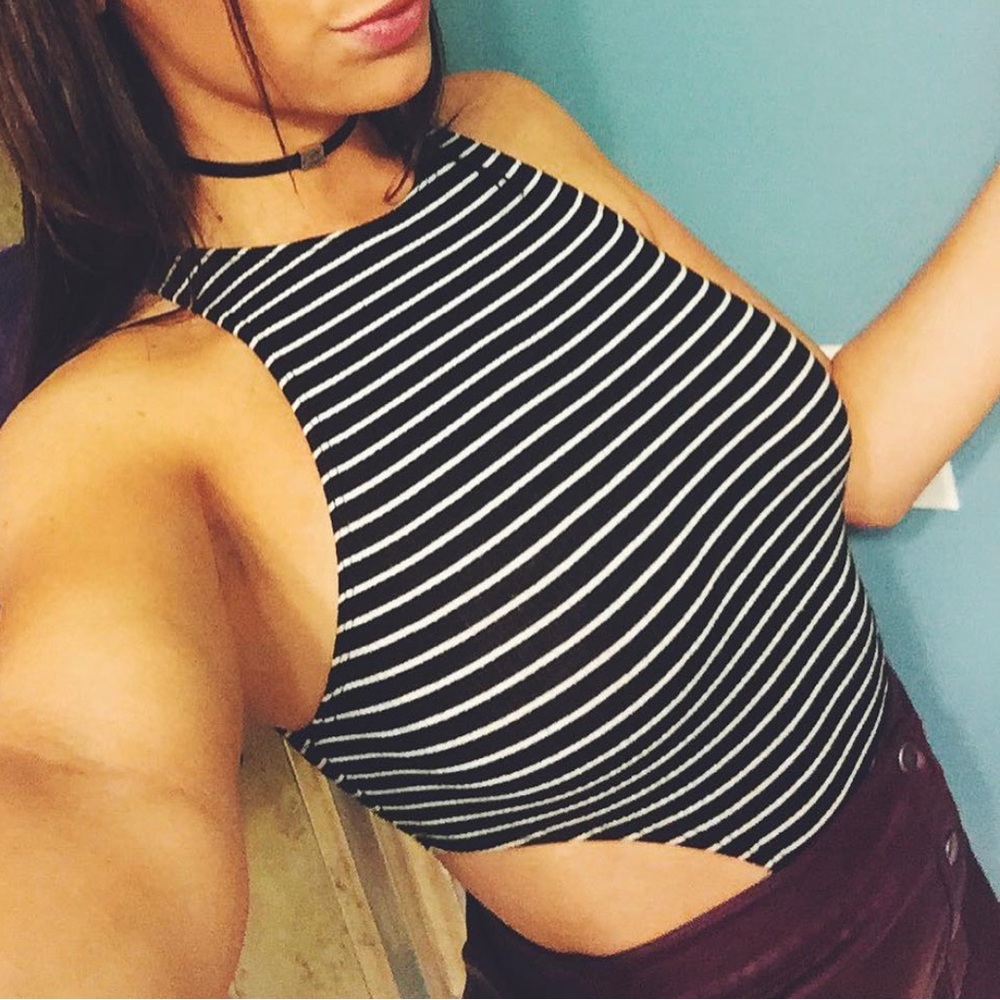 Ribbed Black & White Striped Bodysuit w/ Cutouts Size S